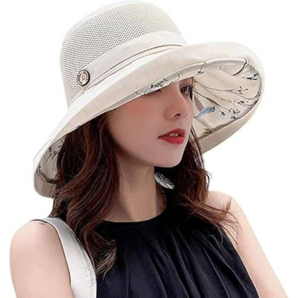 Womens Wide Brim‎ Sun Hat Mesh Breathable Floral Foldable Beach Straw Hat Beige